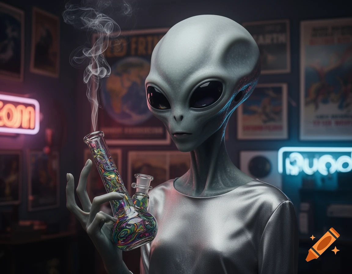 A gray alien in a metallic shirt holds a colorful bong, exhaling smoke in a dimly lit room with neon signs and posters.