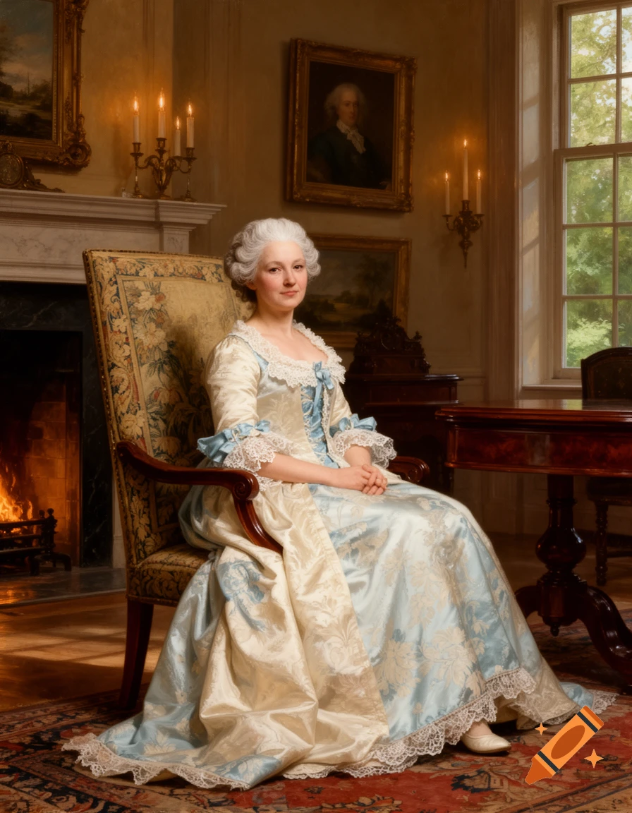 A woman with powdered white hair in an elaborate white and blue period gown sits in an upholstered armchair in a grand room with a fireplace and a large window.