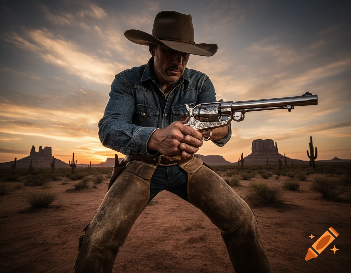 A cowboy in a hat and chaps holds a revolver with both hands in a desert landscape at sunset.