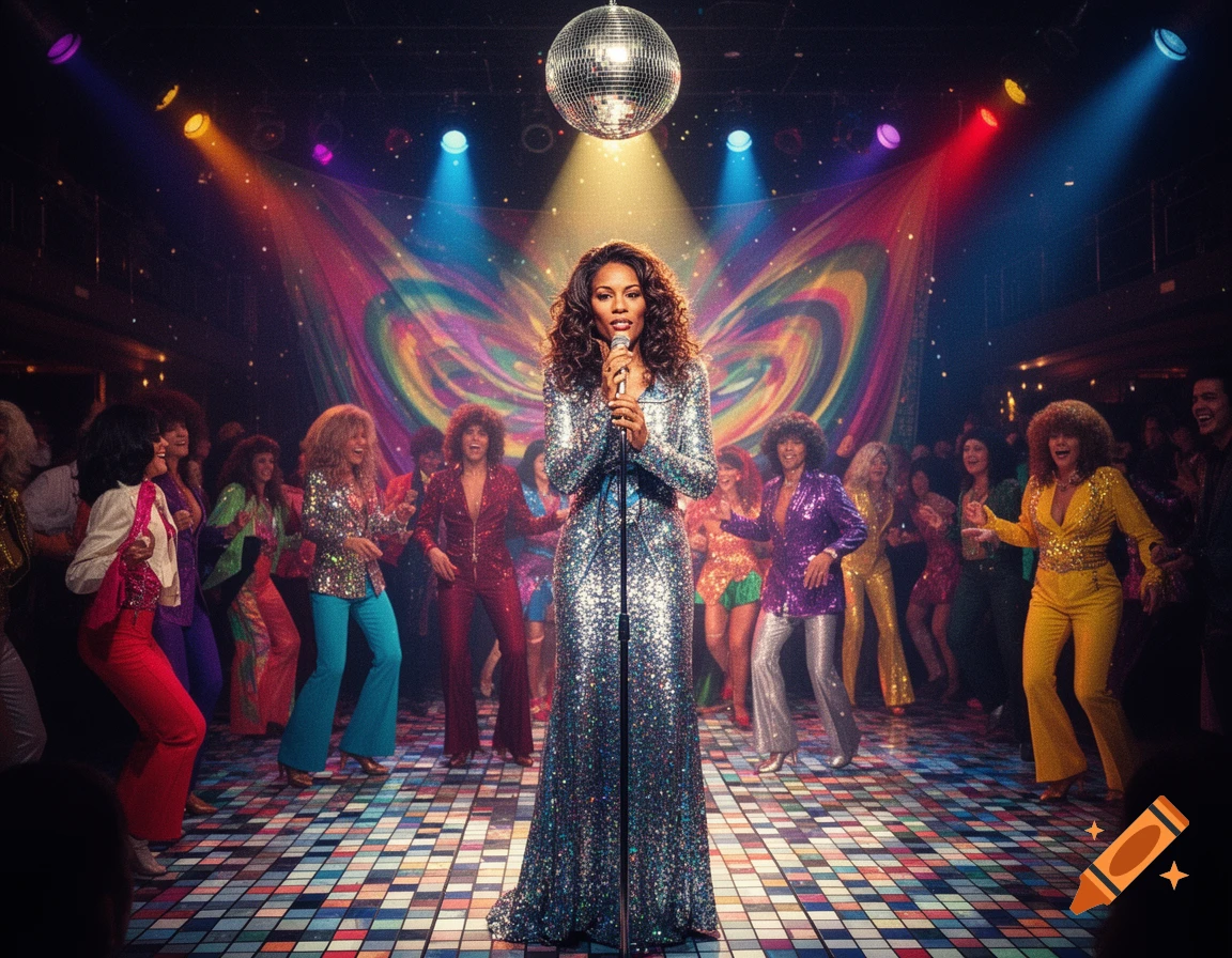A woman in a sequined dress sings on a disco stage with a tiled floor, surrounded by dancing people in 70s attire.