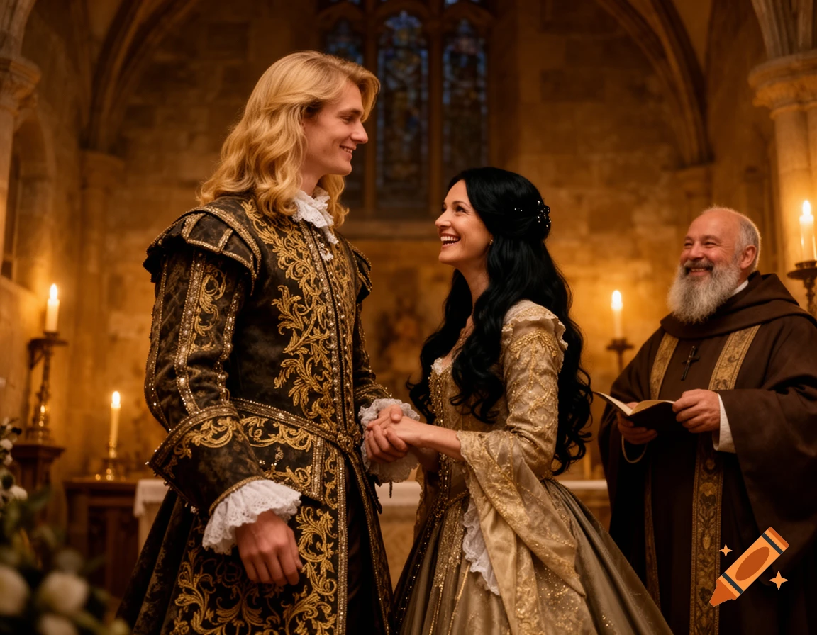 A blonde nobleman in a patterned brocade coat holds hands with a dark-haired woman in a golden dress, both smiling at their wedding in a candlelit chapel, while a bearded monk presides.