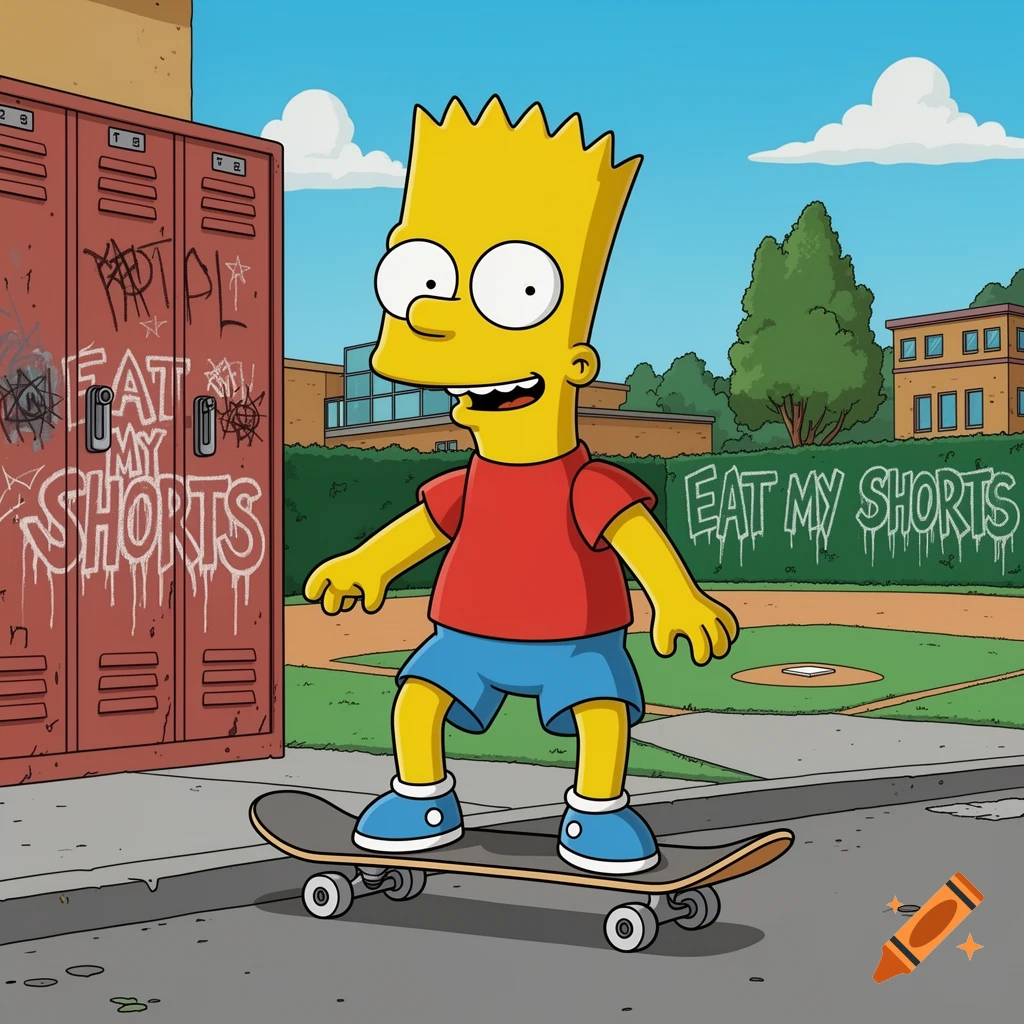 Bart Simpson, in cartoon style, skateboards past red school lockers with graffiti and a bush with "EAT MY SHORTS" written on it.