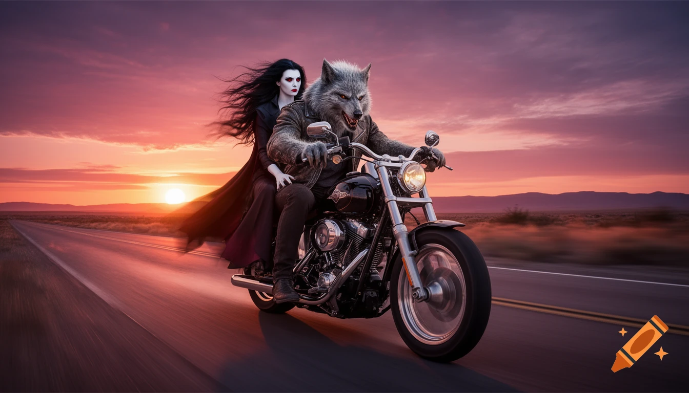 A werewolf rides a motorcycle with a vampire passenger into a vibrant sunset on an open road.