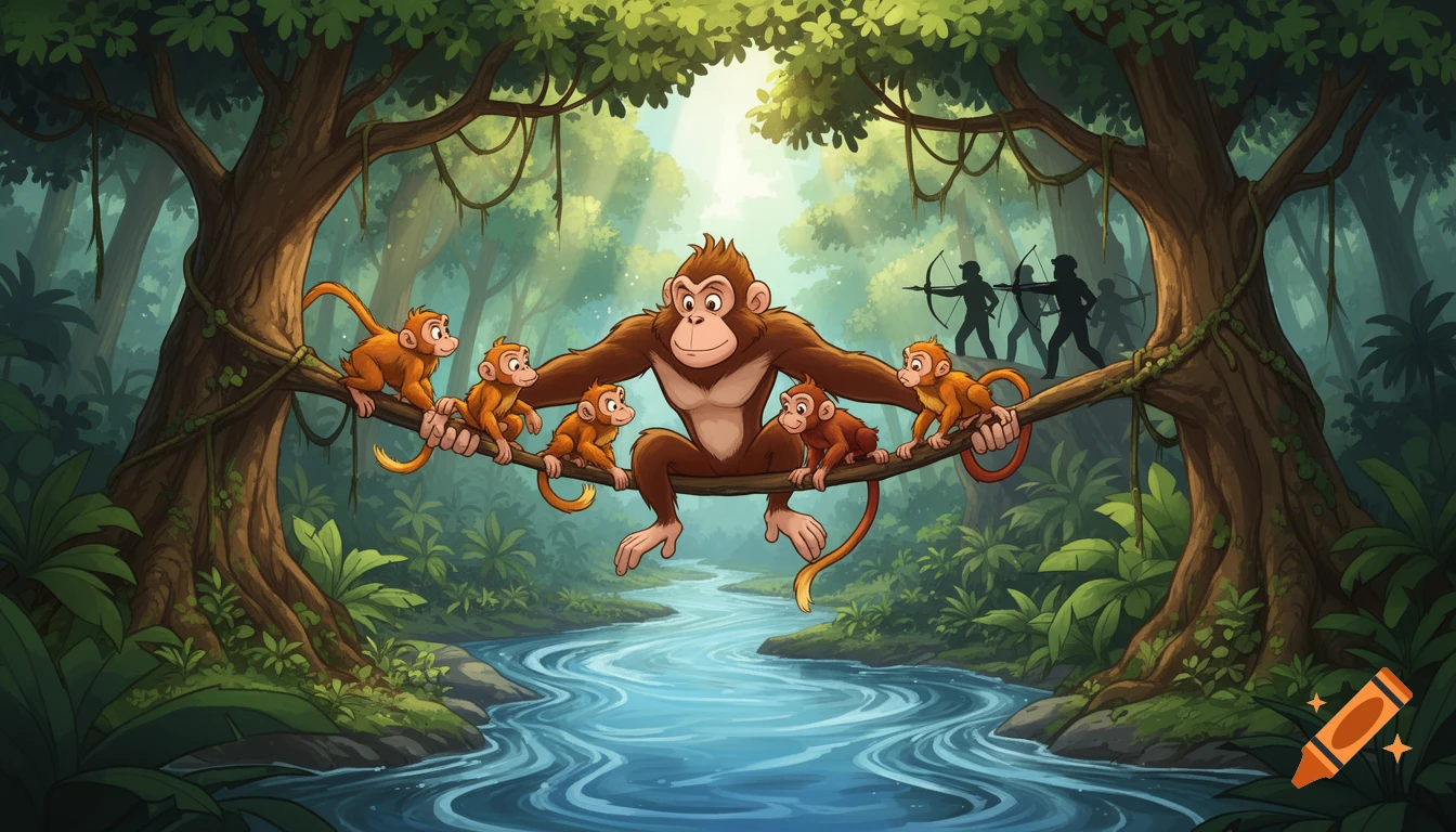 Cartoon image of a large monkey helping five smaller monkeys cross a river on its back, with archers in the jungle background.