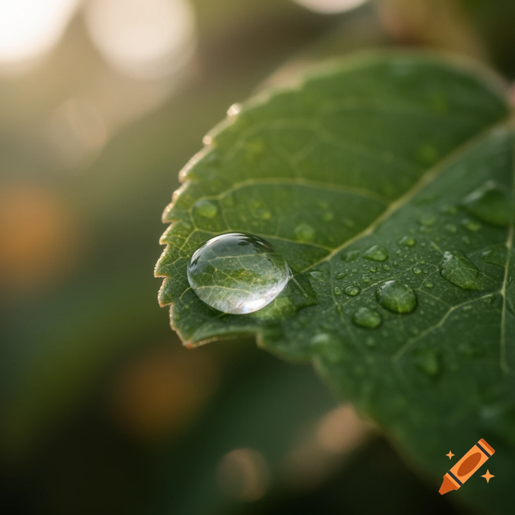 Photorealistic macro shot of a clear water droplet resting on a vibrant green leaf, with a soft, blurred background.