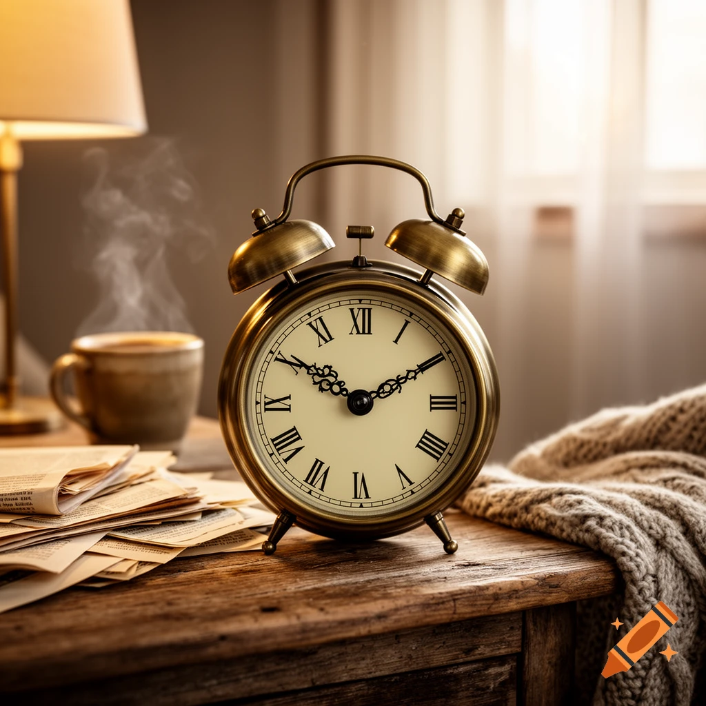 A brass alarm clock with Roman numerals sits on a wooden table beside a steaming coffee cup, newspapers, and a knitted blanket.