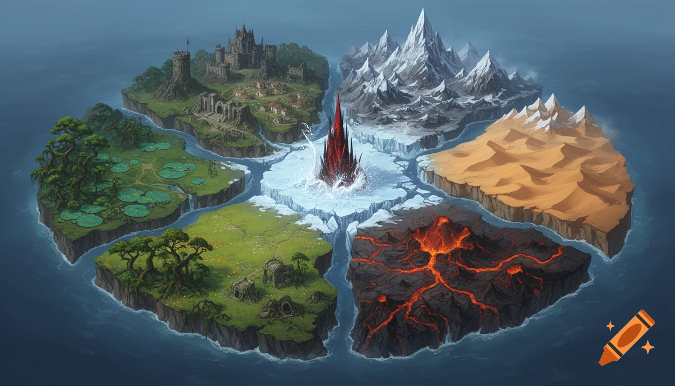 Isometric fantasy island map featuring distinct biomes (swamp, plains, mountains, desert, volcanic) surrounding a central icy area with a red and black tower, castles, and ruins.