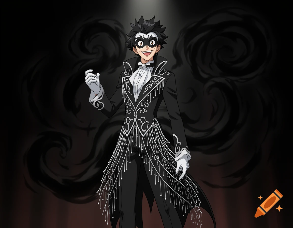 An anime circus man with a mischievous grin wears a black and white tuxedo with a mask, against a dark, swirling background.
