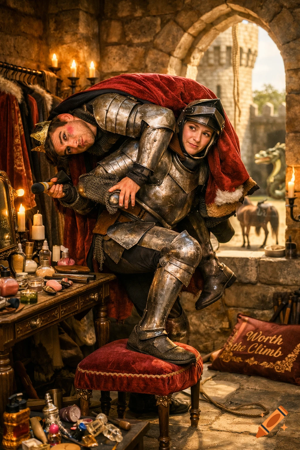 A photorealistic image of a knight carrying a comically indignant prince over her shoulder in a medieval castle room.