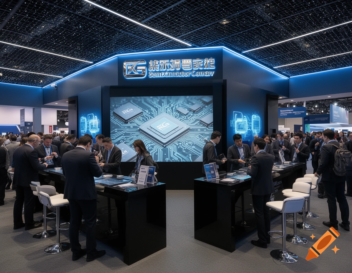 A busy, photorealistic tech convention scene with attendees at a glowing blue 'SemiConductor Company' booth, showcasing chips on a large screen.