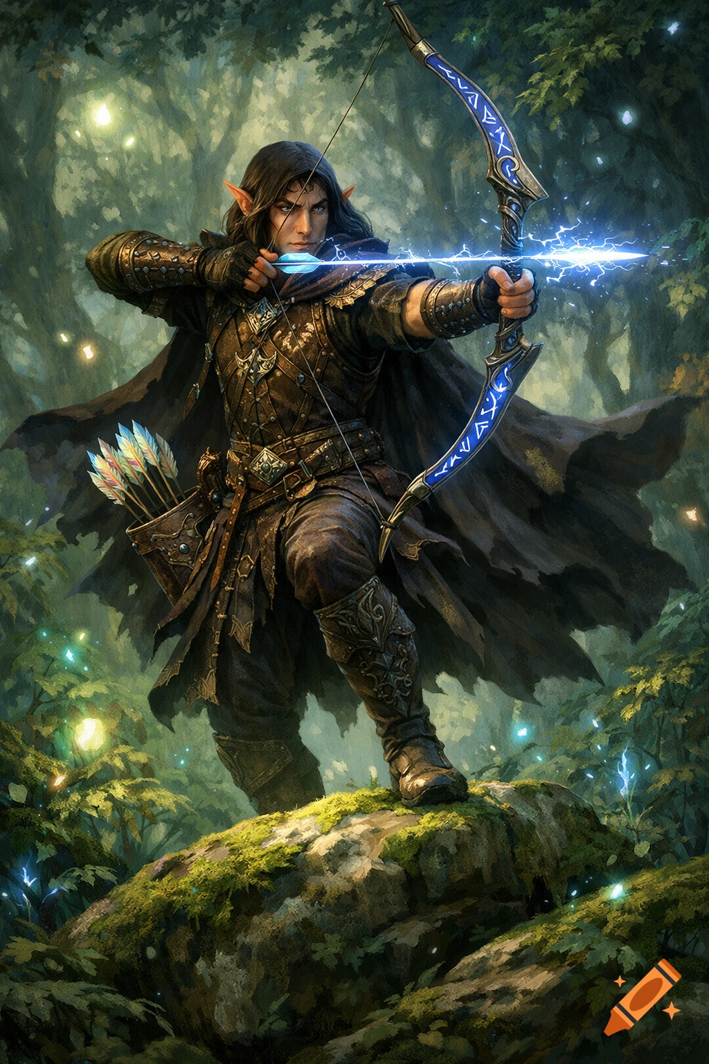 An elf archer in intricate brown leather armor and a dark cloak, aiming a glowing blue electric arrow from a detailed bow in a lush, magical forest.
