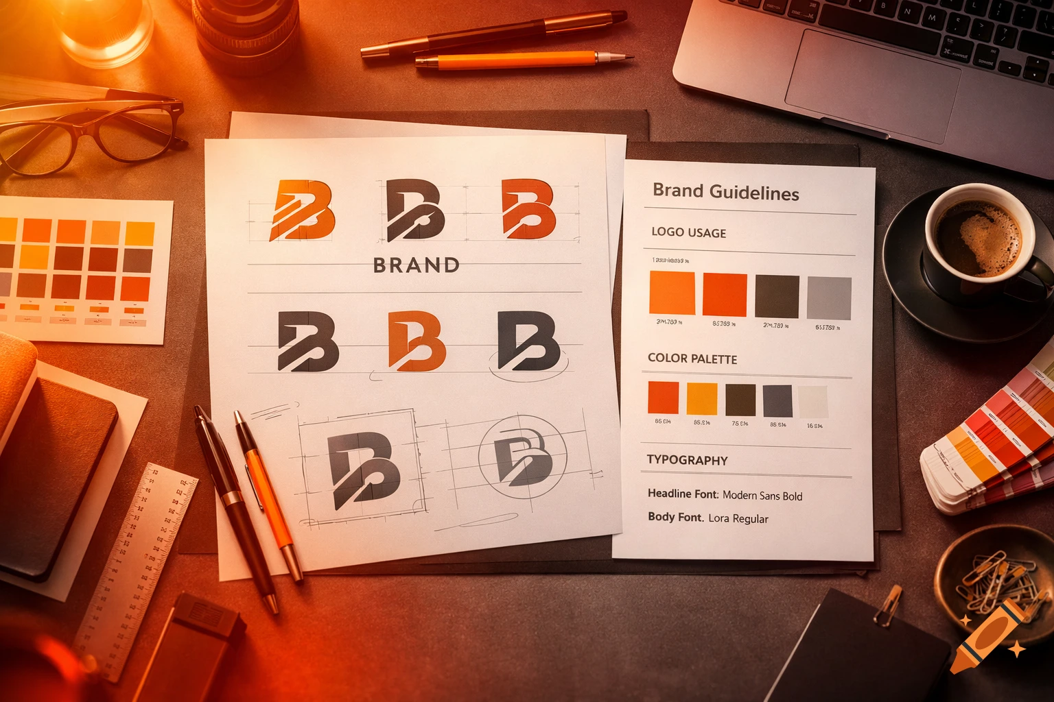 Top-down view of a professional designer workspace with brand identity materials including logo sketches, color palettes, and typography samples.