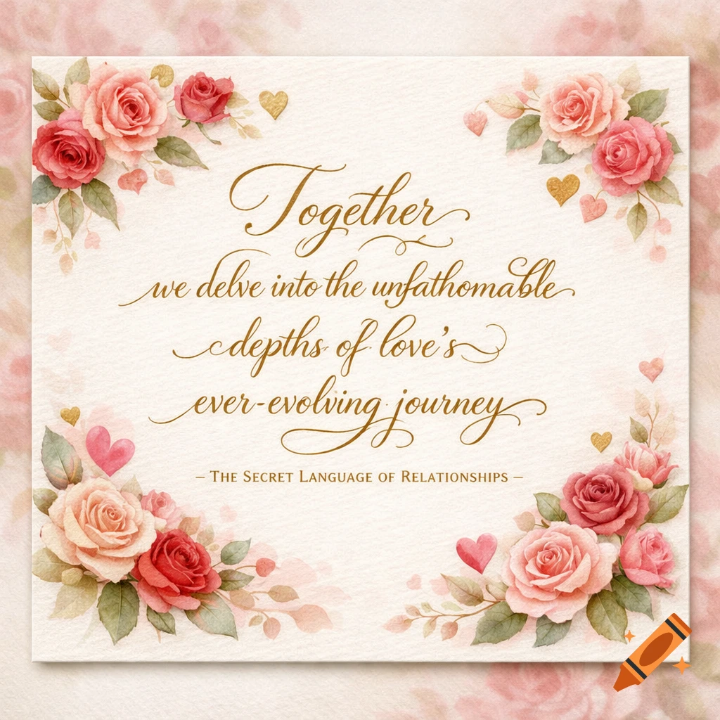 A romantic watercolor Valentine's card with red and pink roses, gold and pink hearts, and a quote about love's journey.