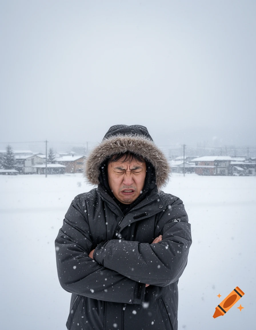 A man in a black winter parka with a fur hood stands in heavy snow with a pained expression, arms crossed.