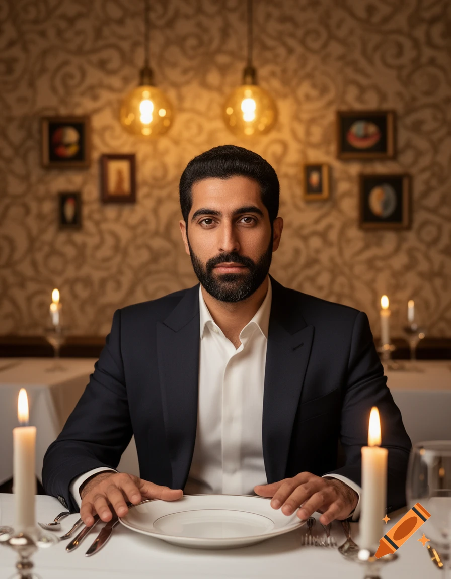 A photorealistic portrait of a man in a dark suit sitting at a candlelit dining table in an elegant restaurant.