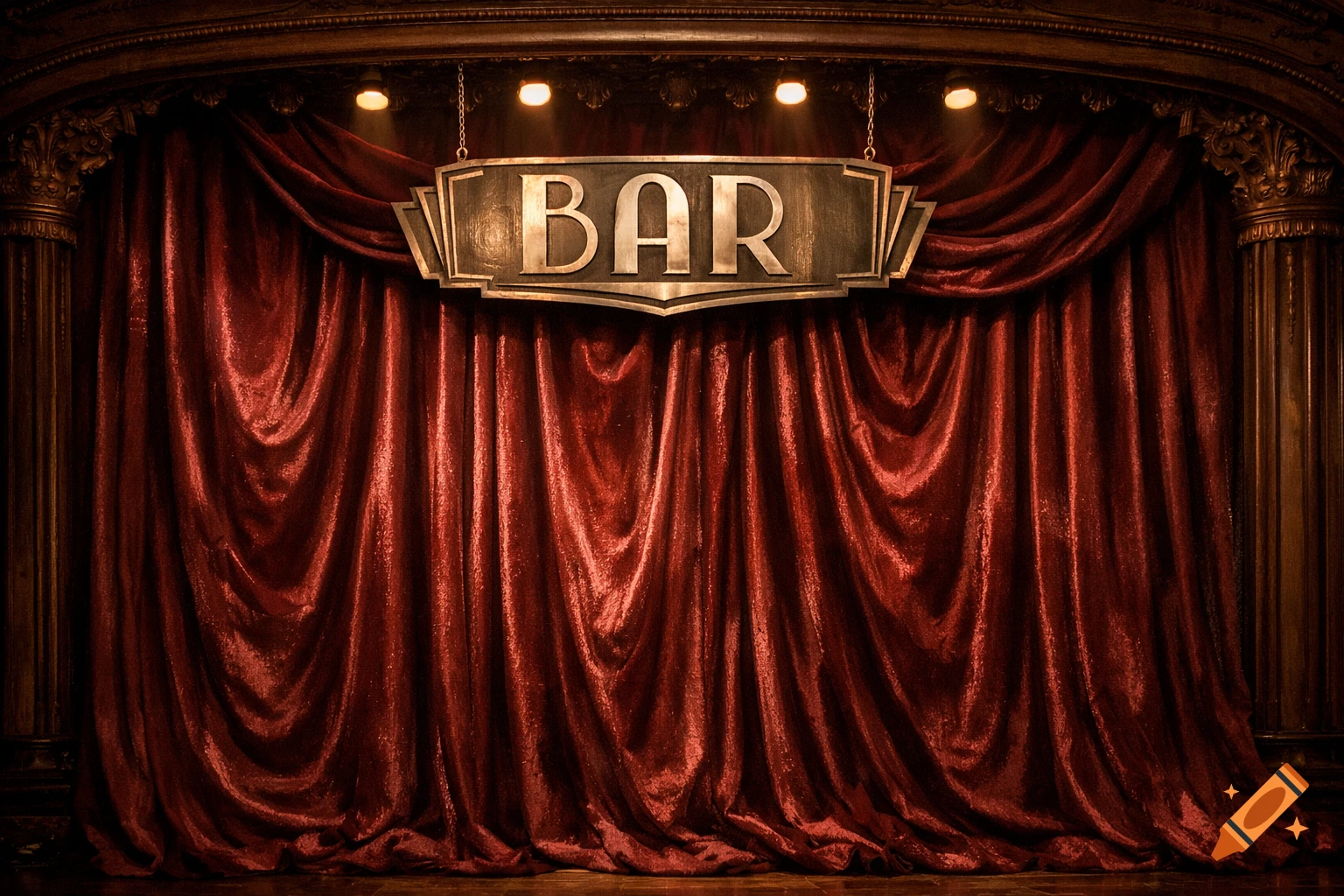 Vintage stage with red velvet curtains and a lit 'BAR' sign.