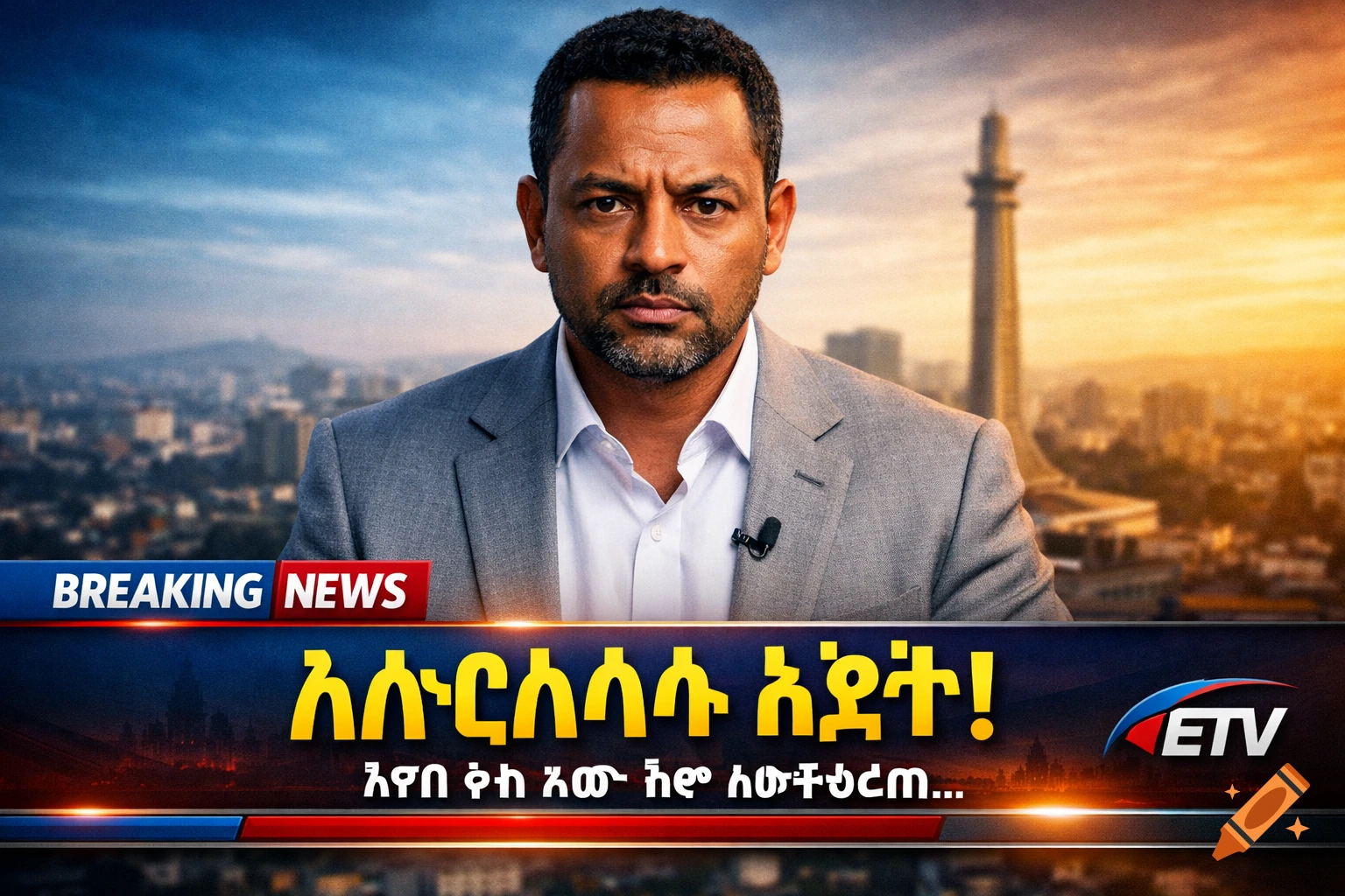 A serious male news commentator in a grey blazer stands before a blurred cityscape, with "BREAKING NEWS" and Amharic text on a lower-third graphic, in a dramatic, high-contrast style.