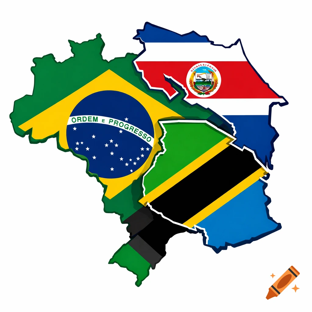 A logo featuring the overlapping flag outlines of Brazil, Costa Rica, and Tanzania. The Brazilian flag has "ORDEM E PROGRESSO" visible. The Costa Rican flag's coat of arms has illegible text.