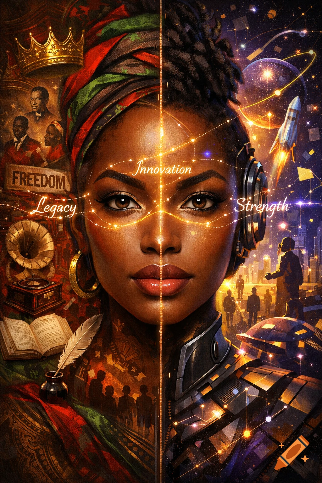 Split portrait of an African-American woman. Left: historical Black figures, crowns, books, text "Freedom", "Legacy". Right: futuristic tech, rocket, cityscape, text "Innovation", "Strength".