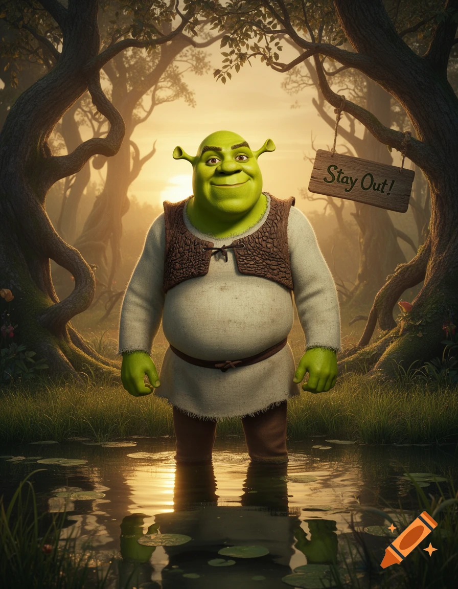 Shrek stands in a sunlit swamp with a "Stay Out!" sign, surrounded by gnarled trees.