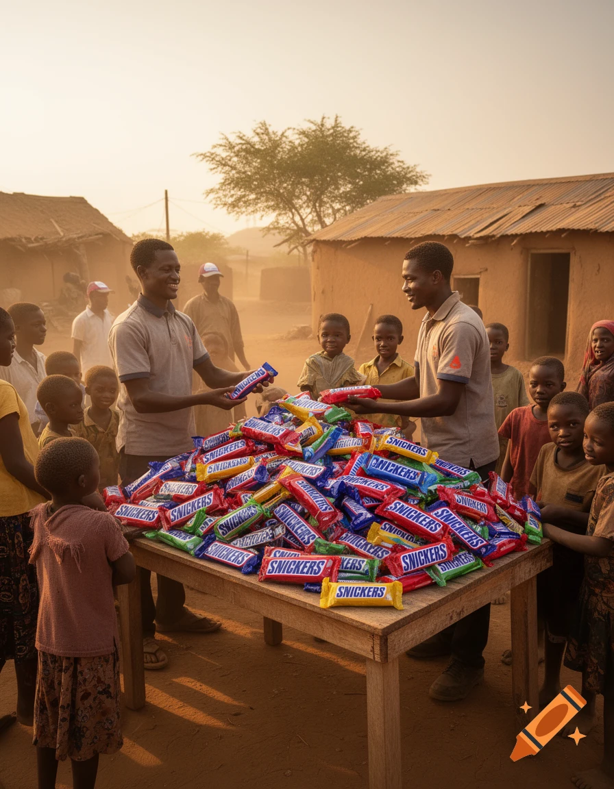 Two men distribute a large pile of colorful "Snickers" bars to a group of children in a dusty village with adobe houses.