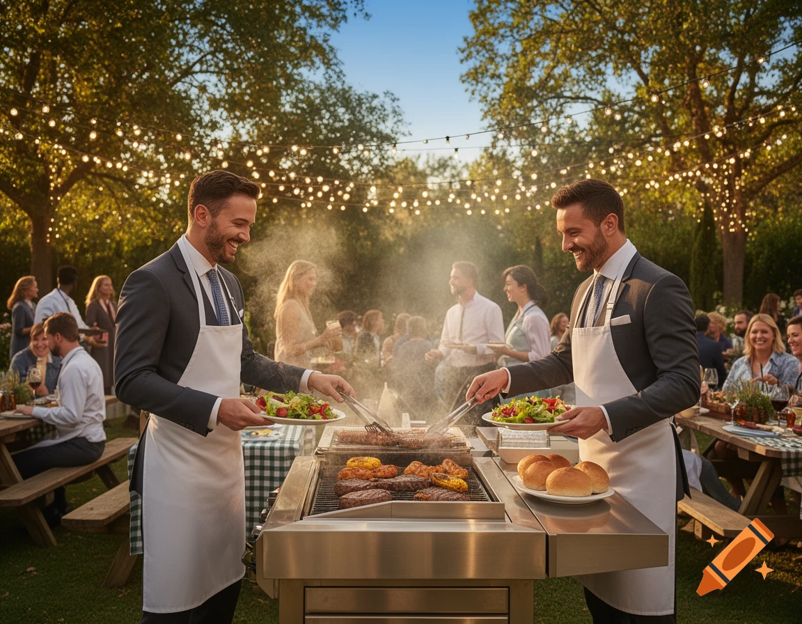 Two smiling professionals in suits and aprons grill food for guests at a sunny outdoor barbecue party with string lights.