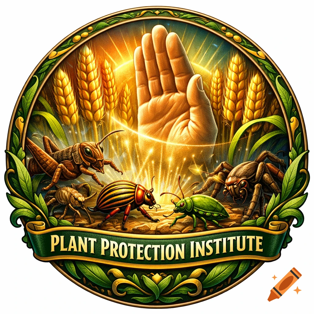 An ornate emblem featuring a raised hand protecting golden wheat from various insects, with "PLANT PROTECTION INSTITUTE" on a banner.