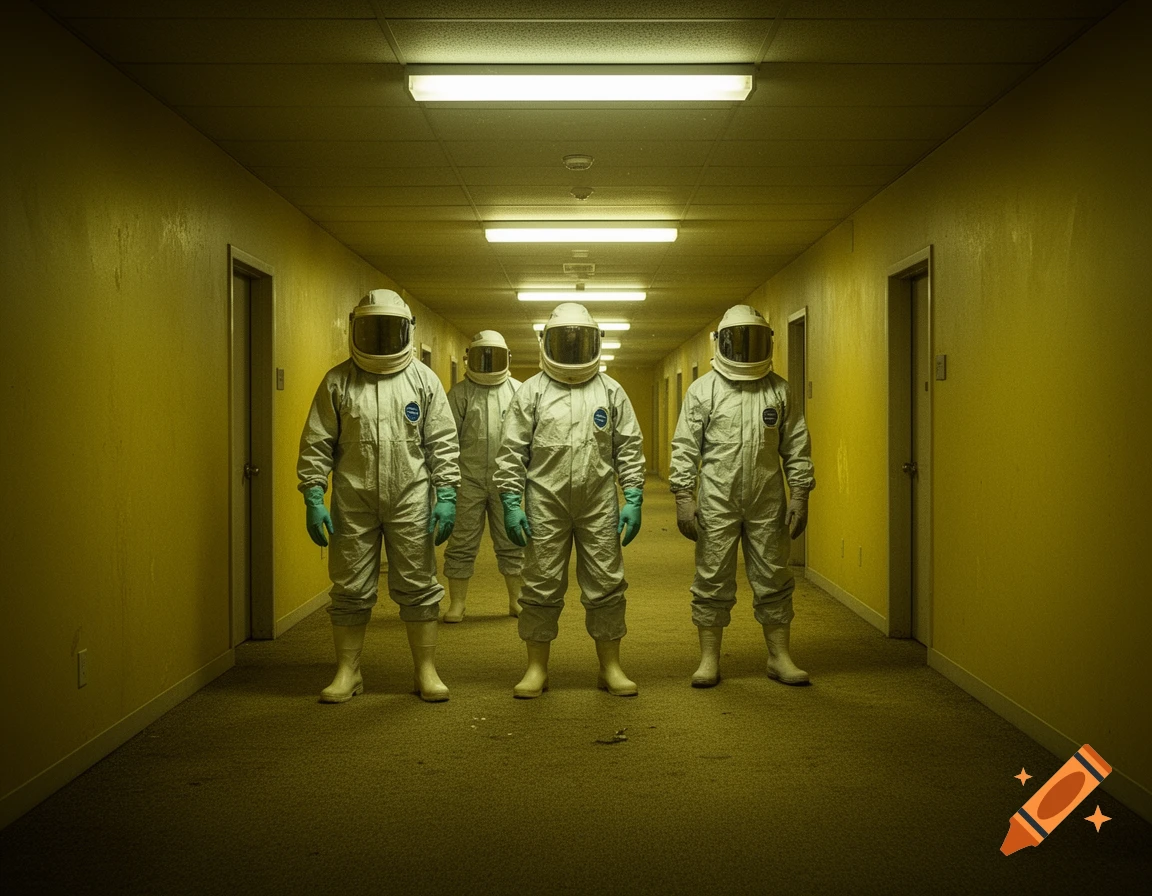 Four people in white hazmat suits and helmets stand in a long, eerie, yellow-walled hallway with doors.