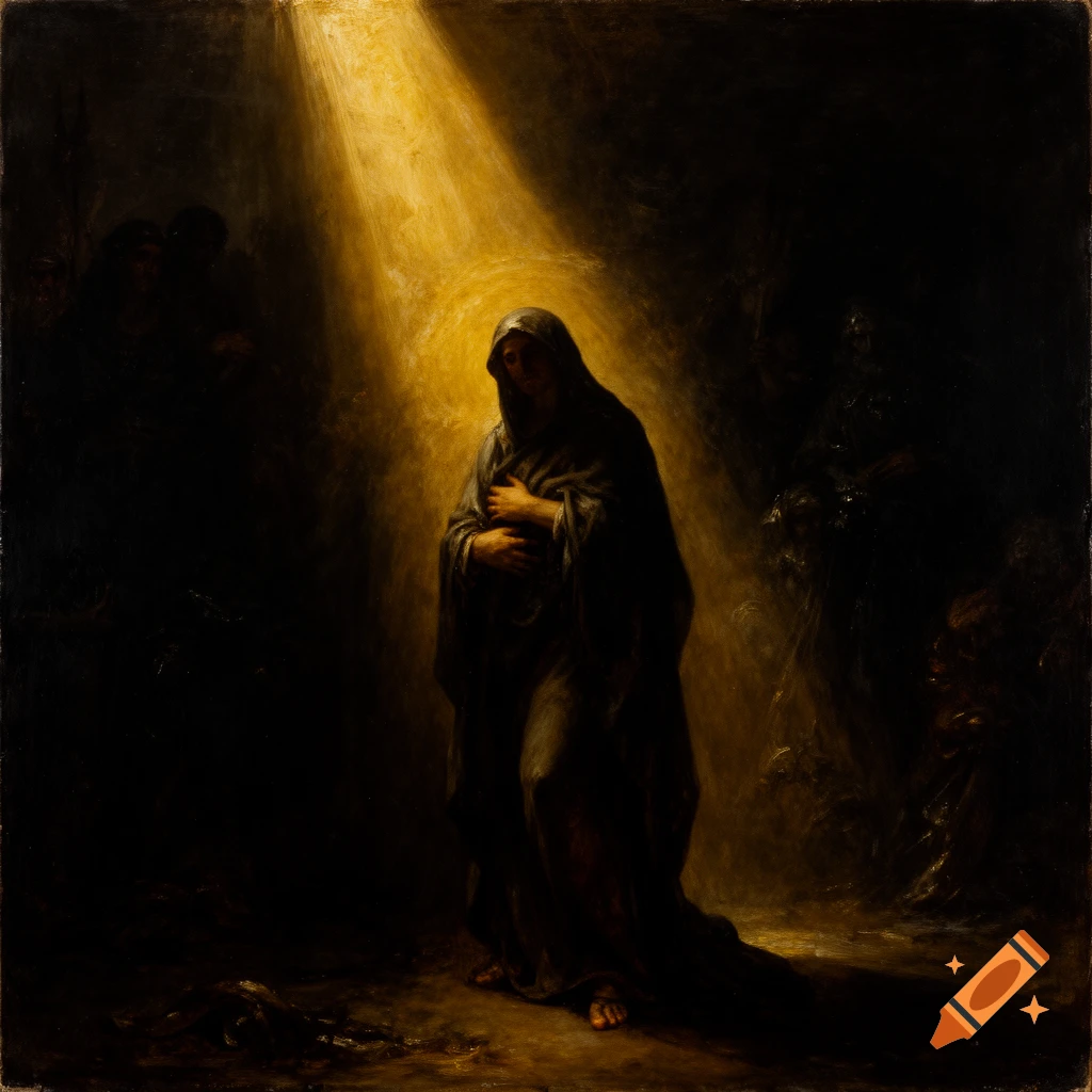 A somber cloaked figure stands in a dramatic beam of golden light in a dark, tenebrism oil painting.