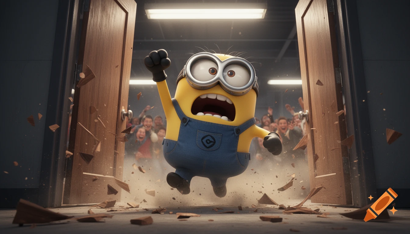 A furious Minion bursts through a wooden door, sending debris flying, while a cheering crowd watches in the background.