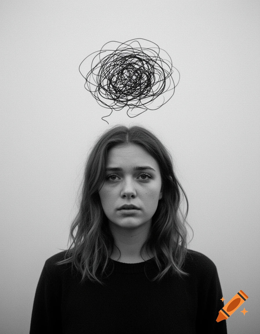 Black and white portrait of a young woman with a thoughtful expression and a scribbled thought cloud above her head.