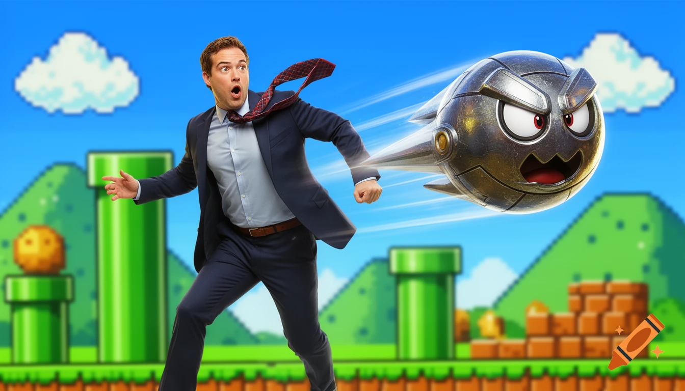 A photorealistic man in a suit runs with a surprised expression from a large, metallic Bullet Bill in a pixelated Super Mario Bros. world.