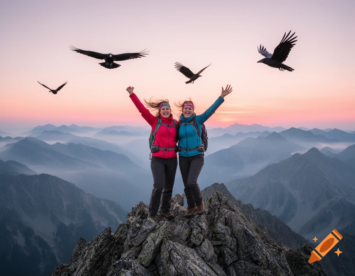 Two women hikers celebrate on a rocky mountain peak at sunset with ravens flying overhead and misty ranges in the background.