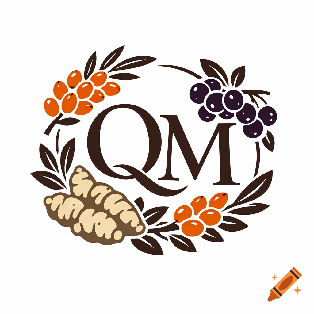A stylized 'QM' monogram with orange sea buckthorn, purple aronia berries, and light brown Jerusalem artichoke tubers.