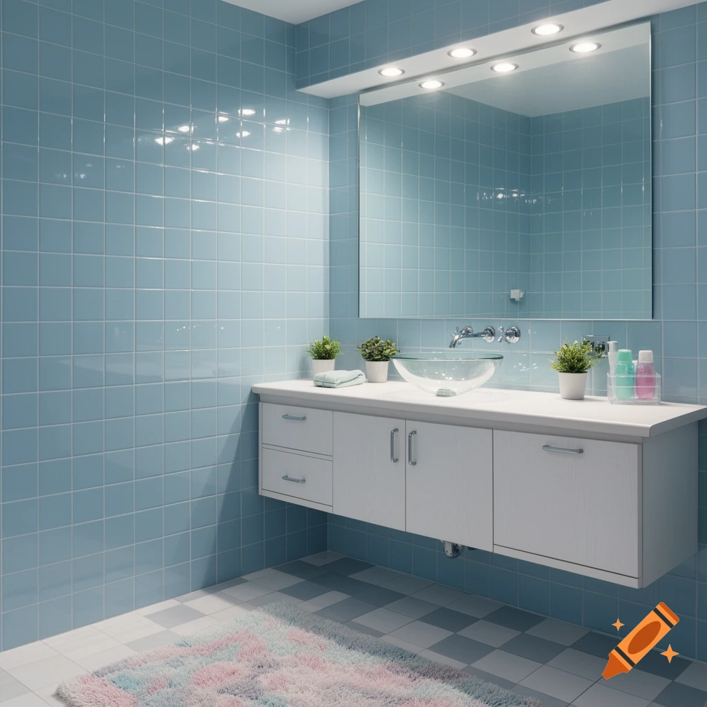A modern Y2K style bathroom with light blue tiled walls, a white floating vanity, a glass basin sink, a large mirror, and a colorful rug.