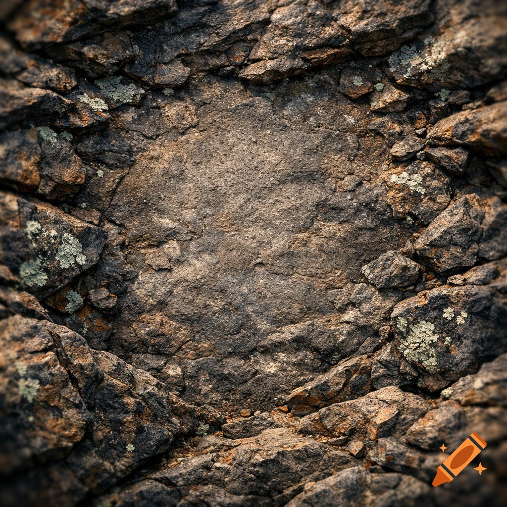 Close-up of a rugged, dark gray and brown rock texture with lighter lichens, framed by broken rock fragments.