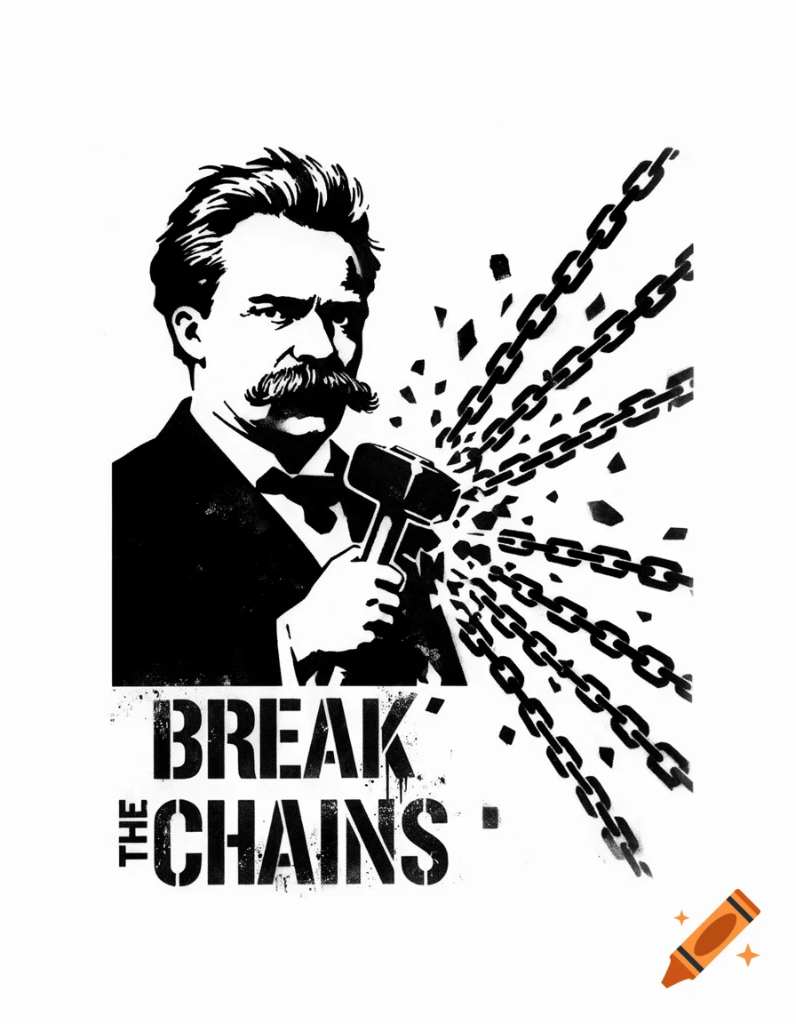 High-contrast black and white stencil art of Friedrich Nietzsche holding a hammer, breaking chains, with 'BREAK THE CHAINS' text.