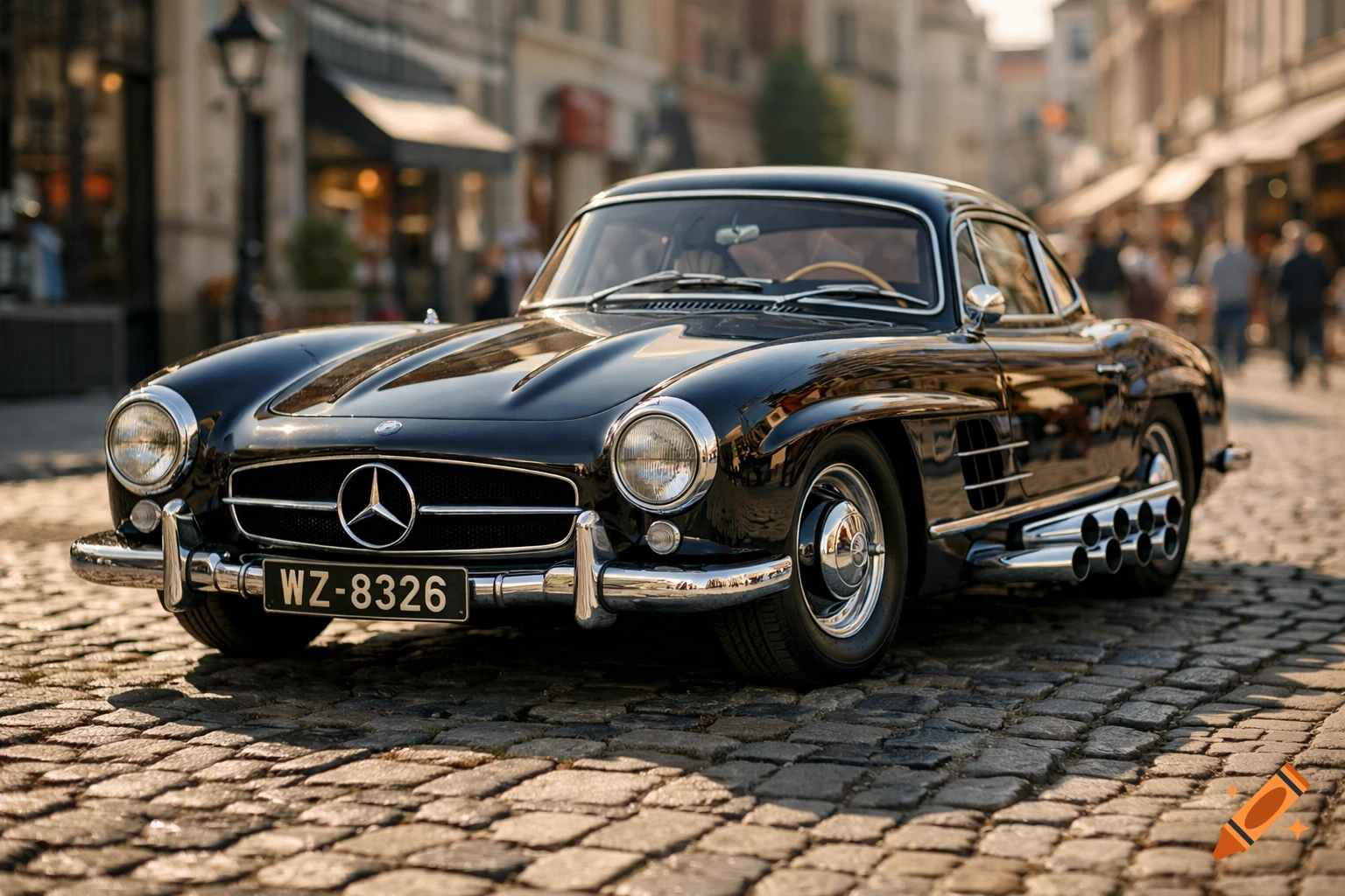 A sleek black classic Mercedes-Benz car with chrome details and multiple side exhaust pipes parked on a cobblestone street.