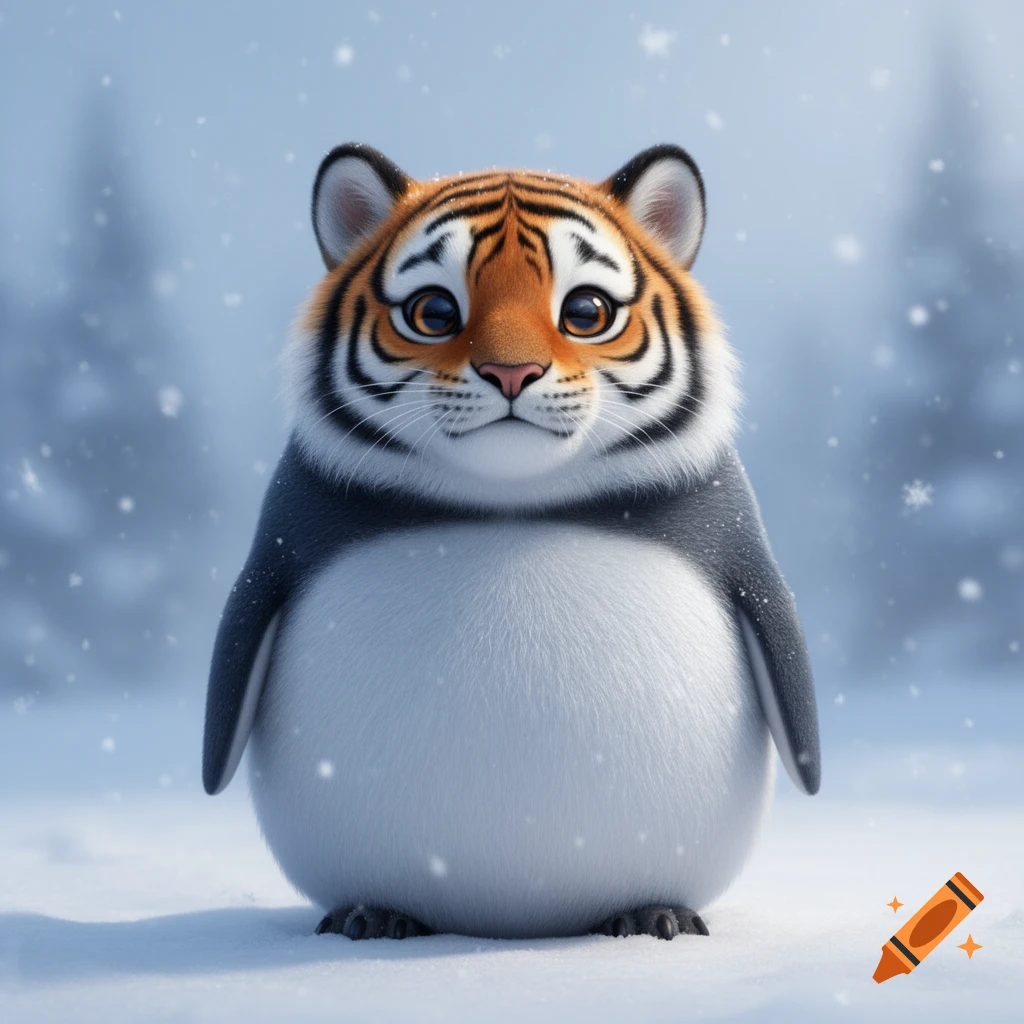 A super cute, chubby tiger-penguin hybrid creature stands in a snowy landscape with falling snowflakes, looking adorable.