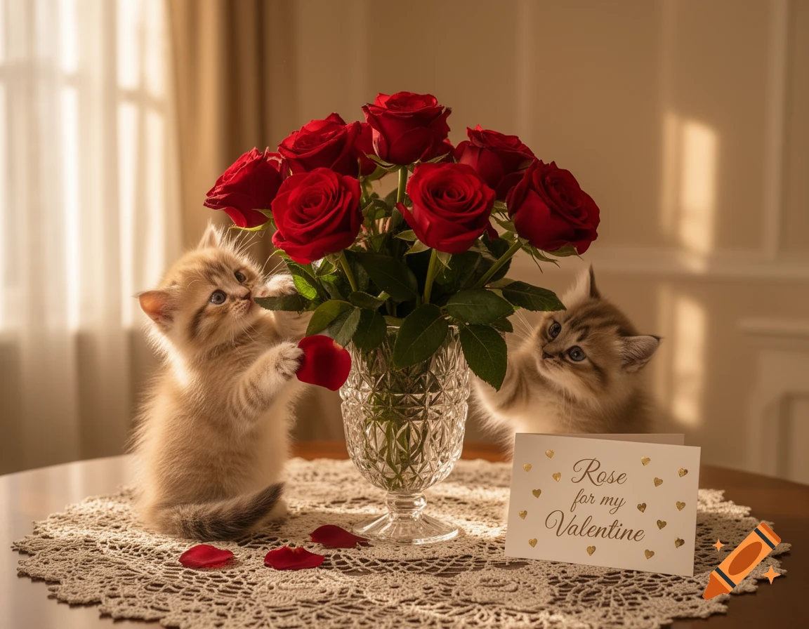 Two fluffy kittens play with a vase of red roses and a Valentine's card on a lace doily on a table. The card reads "Rose for my Valentine".