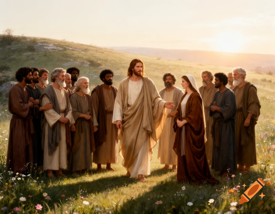 Jesus, Mary Magdalene, and disciples stand in a sunlit, wildflower-filled field at sunrise.