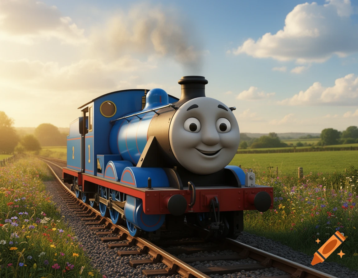 A smiling blue steam engine, resembling Thomas the Tank Engine, with the number 2 on its side, travels on tracks through a vibrant field of wildflowers at sunset.