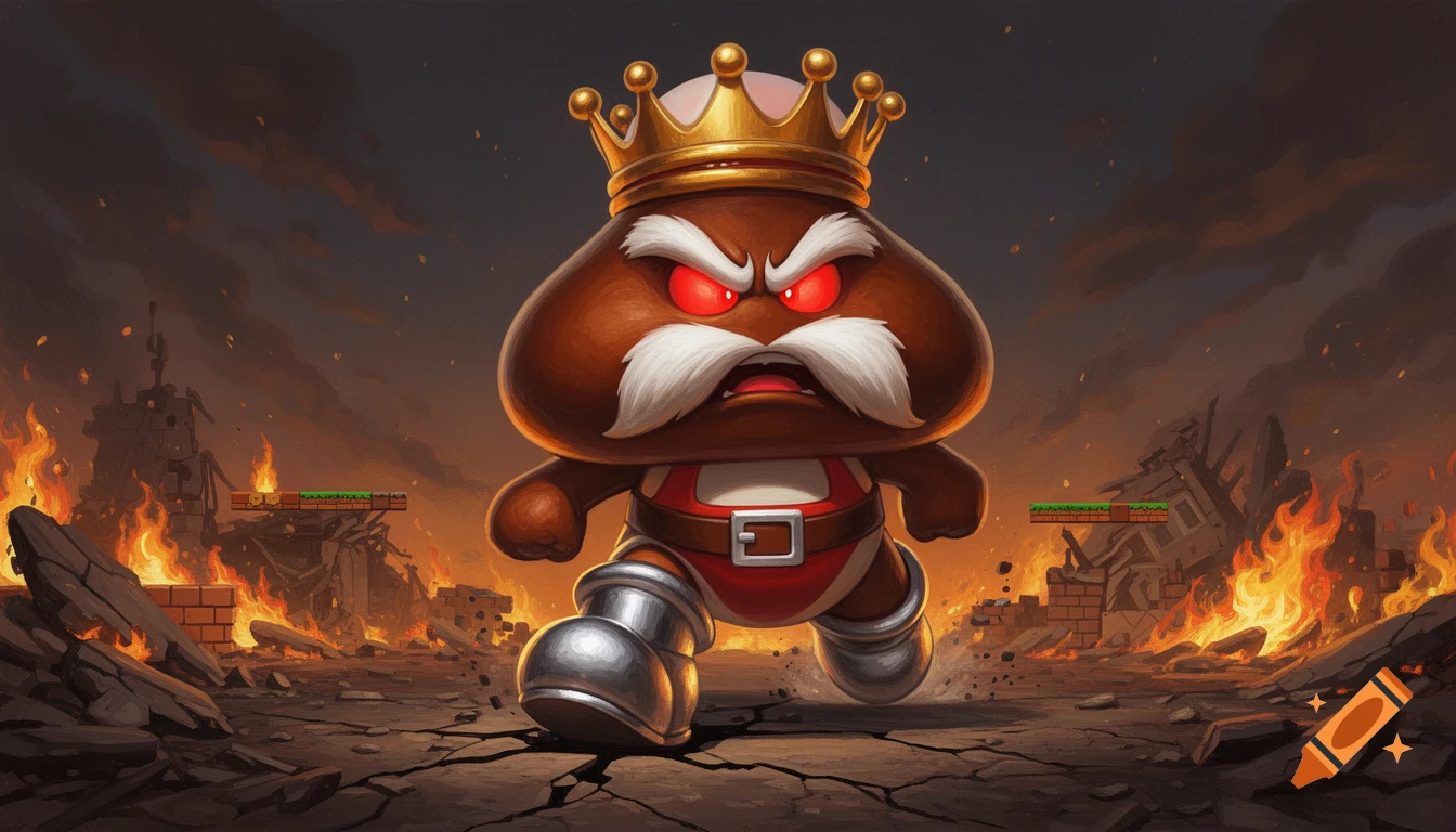 A giant, angry Goomba King with a golden crown, white mustache, and metallic boots marches through a fiery, destroyed Super Mario level in a digital art style.
