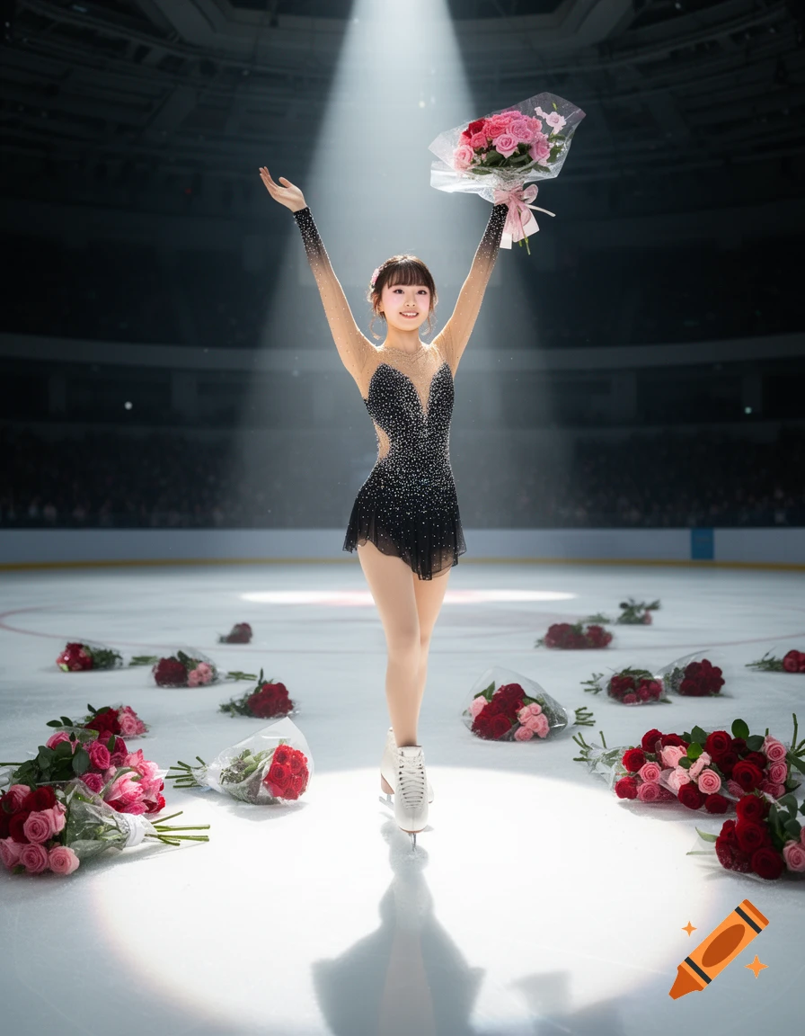 A female figure skater in a black costume celebrates on an ice rink, holding a bouquet of roses aloft, with other bouquets scattered on the ice under a spotlight.