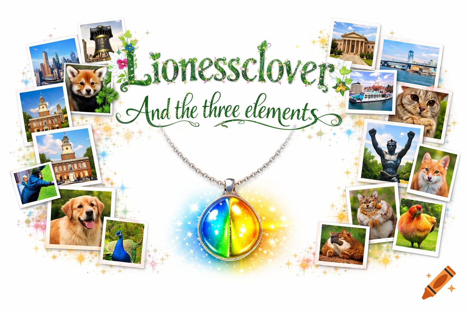 Text 'Lionessclover And the three elements' above a glowing blue, green, and yellow amulet. Surrounded by a collage of animals and Philadelphia landmarks with sparkles.