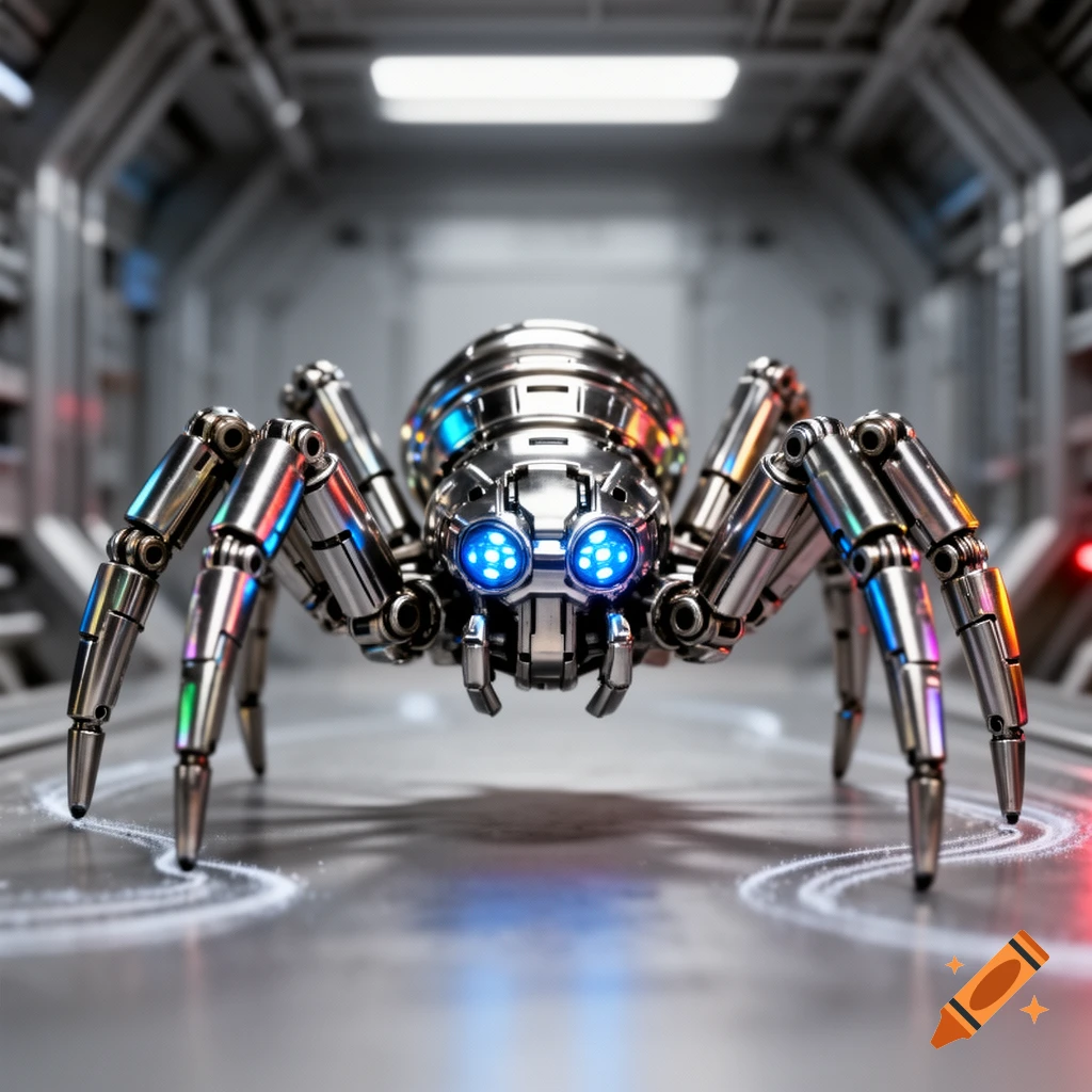 A metallic robotic spider with glowing blue eyes stands in a futuristic, dimly lit corridor.
