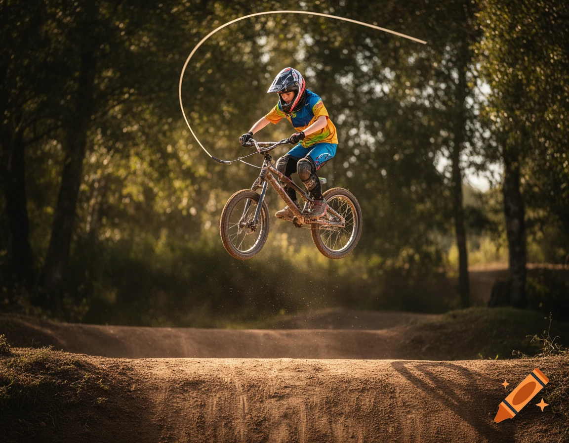 A person in a helmet and colorful gear on a dirt jumper bike in mid-air over a jump on a sunny dirt track.