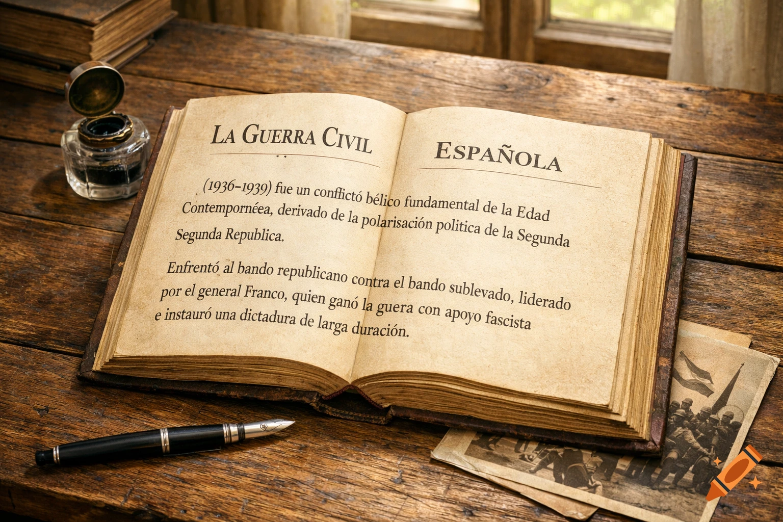 An open antique book on the Spanish Civil War sits on a rustic wooden desk, accompanied by an inkwell, fountain pen, and old black and white photographs.