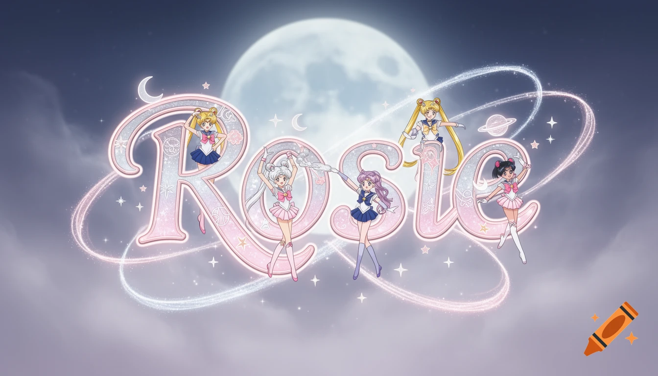 The name Rosie in glittery pink letters with five Sailor Moon-style magical girls standing on and around them against a night sky with a full moon.