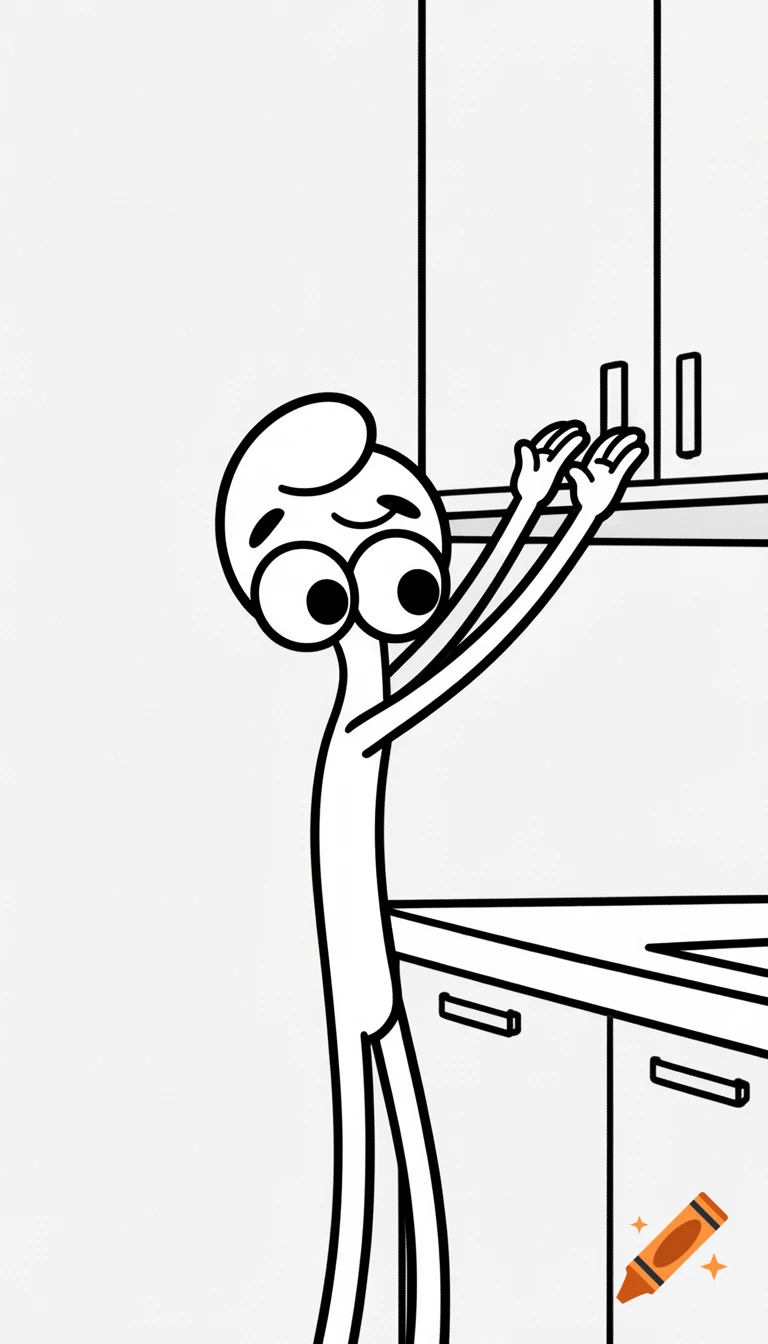 A minimalist black-and-white cartoon of a character with large eyes and thin limbs reaching up towards kitchen shelves.